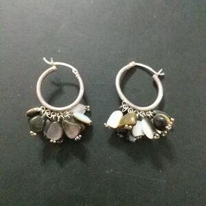 Silver Tone Black and White Shell Bead Huggie Hoop Statement Earrings